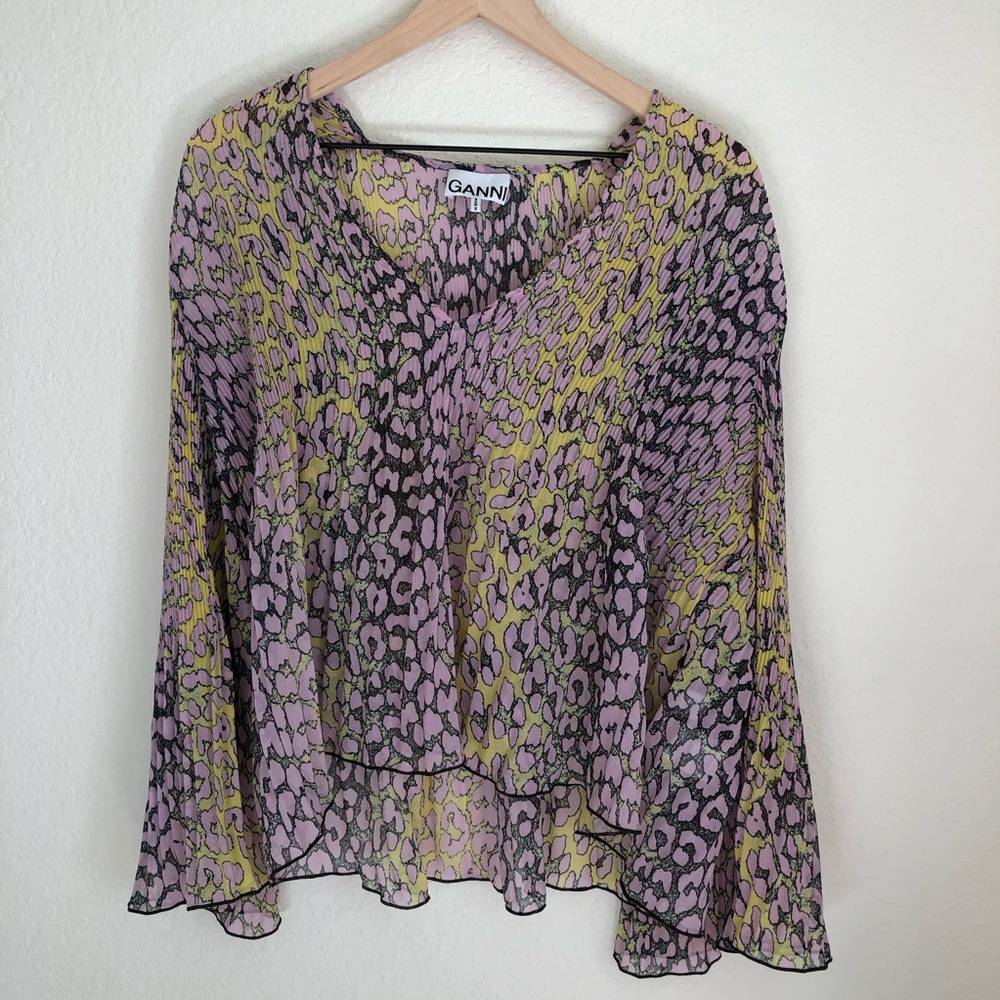GANNI Pleated Leopard Print Blouse